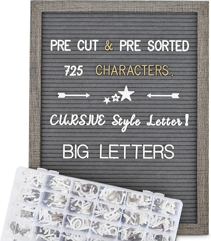 Felt Letter Board 12x16 Inch Rustic Wood Frame,Pre Cut & Sorted 725 Letters with Stand, Dark Grey Changeable Letter Boards Message Board Sign, Classroom Decor Farmhouse Wall Decor Sign Board