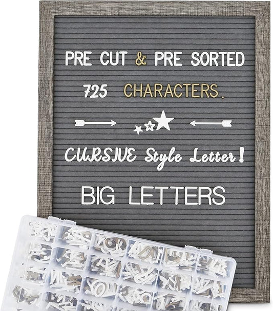 Felt Letter Board 12x16 Inch Rustic Wood Frame,Pre Cut & Sorted 725 Letters with Stand, Dark Grey Changeable Letter Boards Message Board Sign, Classroom Decor Farmhouse Wall Decor Sign Board
