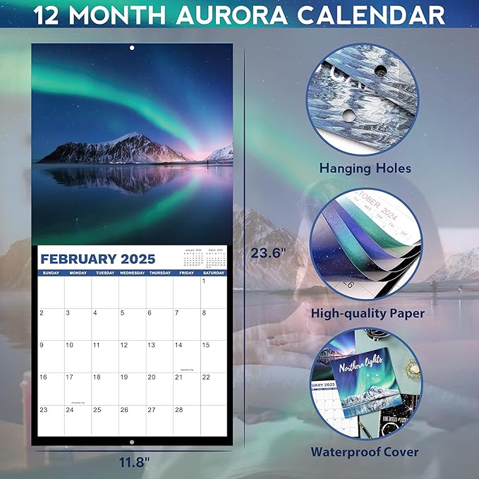 2025 Wall Calendar -2025 Calendar from Jan. 2025- Dec. 2025, Aurora Calendar 2025, 2025 Wall Calendar 12 Month with Thick & Sturdy Paper, 12" x 24" Opened, Christmas Gifts