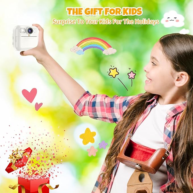 Kids Instant Print Camera for Girls Age 3-8, Toddler Travel Selfie Video Camera Toys with Color Pens (White)