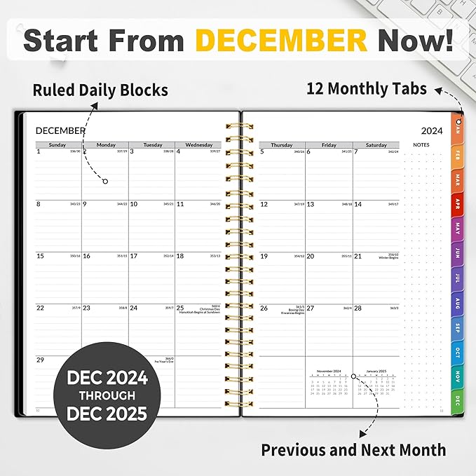 SUNEE 2025 Weekly and Monthly Planner - from January 2025 - December 2025, 6.4" x 8.3" Daily Agenda Planner with Monthly Tab, Flexible Cover, Note Pages, Pockets, Bookmark, Spiral Binding, Black