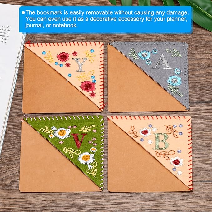 PATIKIL Personalized Embroidered Corner Bookmark, Cute Flower Felt Stitched Triangle Book Mark Page Marker for Women Men Book Lovers Teachers, Pink, Letter C