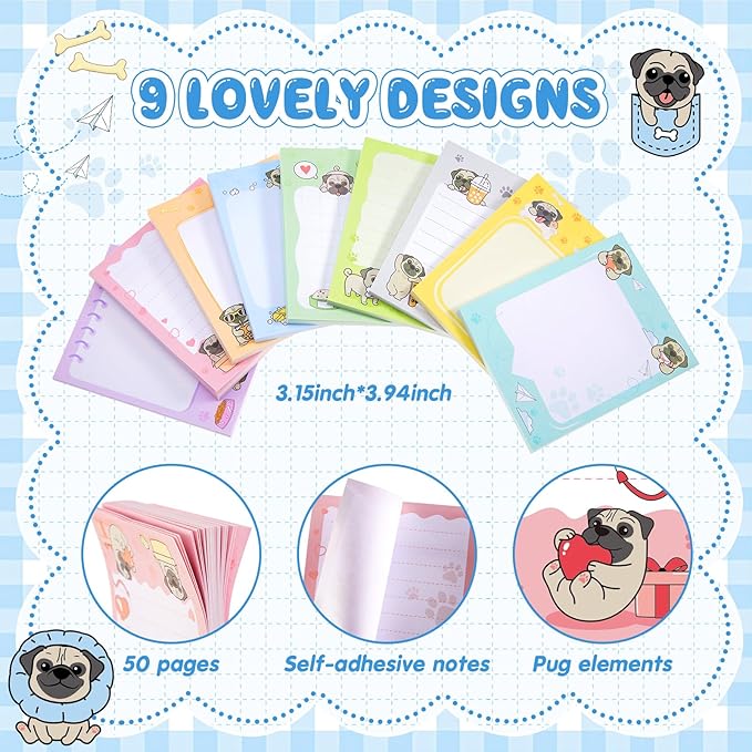 Sabary 9 Pads Sticky Notes 3.15 x 3.94 Inches Cute Self Sticky Note Pads Colored Adhesive Notepad for Memo Reminder Journal Studying Office Home Gift(Pug)