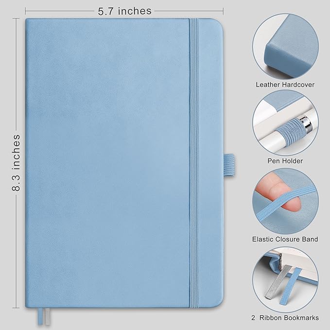RETTACY Bullet Dotted Journal, A5 Dotted Notebook Journal with 192 Pages, 5.7'' × 8.3'', Medium Size, 100 GSM Thick Paper, Leather Hardcover, Bullet Journaling, Planning (Light Blue)