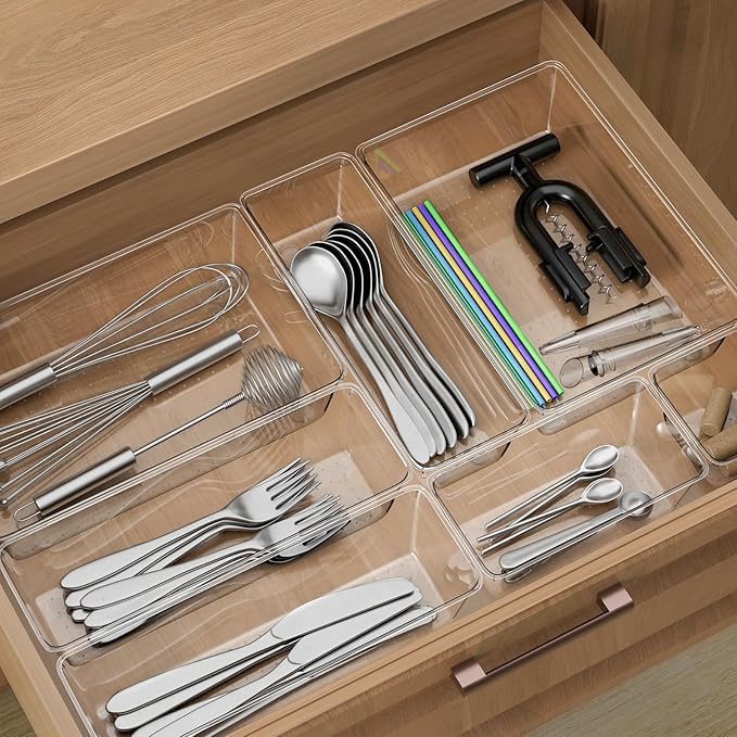 12 Piece Clear Drawer Organizer Set, 3 Sizes Bathroom Vanity Organizer Trays and Storage Bins for Makeup, Cosmetics, Jewelry, and Gadgets. Perfect for Office, Kitchen, Bedroom, Bathroom Use.