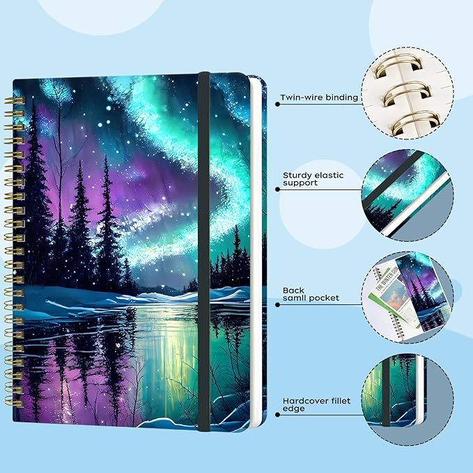 Spiral Notebook - A5 Spiral Notebooks, 8.3'' × 5.8'', 160 Pages, Aesthetic Journaling Notebooks for Women, College Lined Notebook with Elastic Closure, Back Pocket, for School Office, Starlit sky