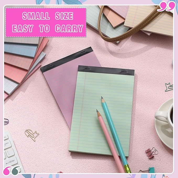 Lincia 24 Pcs 5" x 8" Colored Note Pads Mini Legal Pads Ruled 50 Sheets Per Micro Writing Pads Perforated and Lined for College Office Supplies (Sweet Colors)
