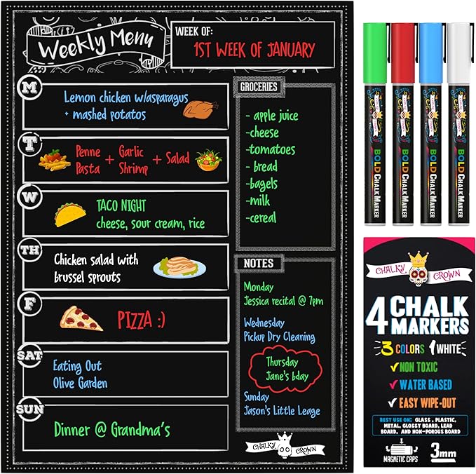 CHALKY CROWN Magnetic Dry Erase Menu Board for Fridge Includes 4 Liquid Chalk Markers - Weekly Meal Planner Blackboard, Grocery List & Notepad for Kitchen Refrigerator - Chalkboard Magnet