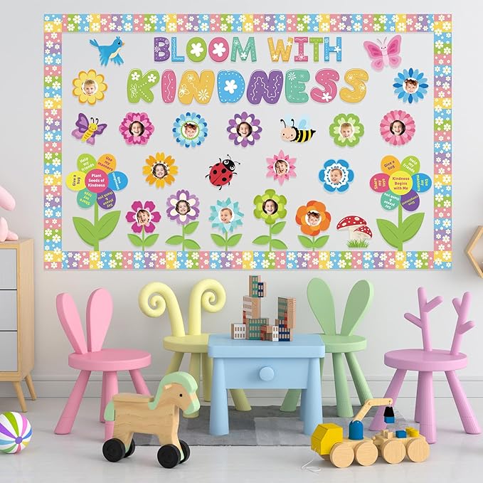Kosiz Spring Kindness Bulletin Board Decorations Set Flower Paper Cutouts Bloom with Kindness Colorful Butterfly Bee Bird Classroom Decorations with Floral Border for School Chalkboard Wall Door Home