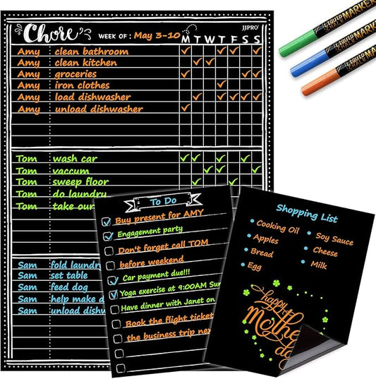 JJPRO Magnetic Dry Erase Chore Chart Blackboard for Fridge-Behavior Chart Chalkboard for Multiple Kids-One Chore Chart and Two Bonus Dry Erase Pad/Grocery Blackboards
