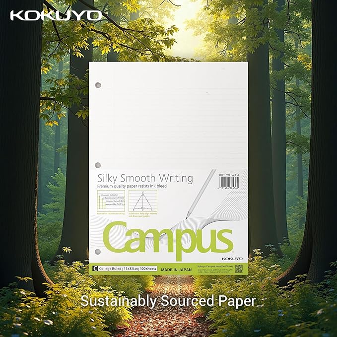 Kokuyo Campus Loose Leaf Paper for 3 Ring Binders, Smooth Writing Lined Paper, 500 Sheets, 11” x 8-1/4”, College Ruled, Bleeding-Resistance, School Suppliers, Made in Japan (WSG-NO-887G1)