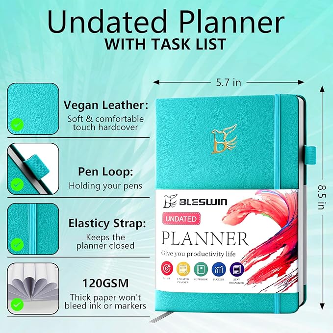 BLESWIN A5 Undated Planner, Undated Weekly Monthly Planner 5.7”x8.5”, Leather Weekly & Monthly Planner Undated, Organizer Planner for Work or Personal Use with Elastic Closure, Pen Loop, Stickers