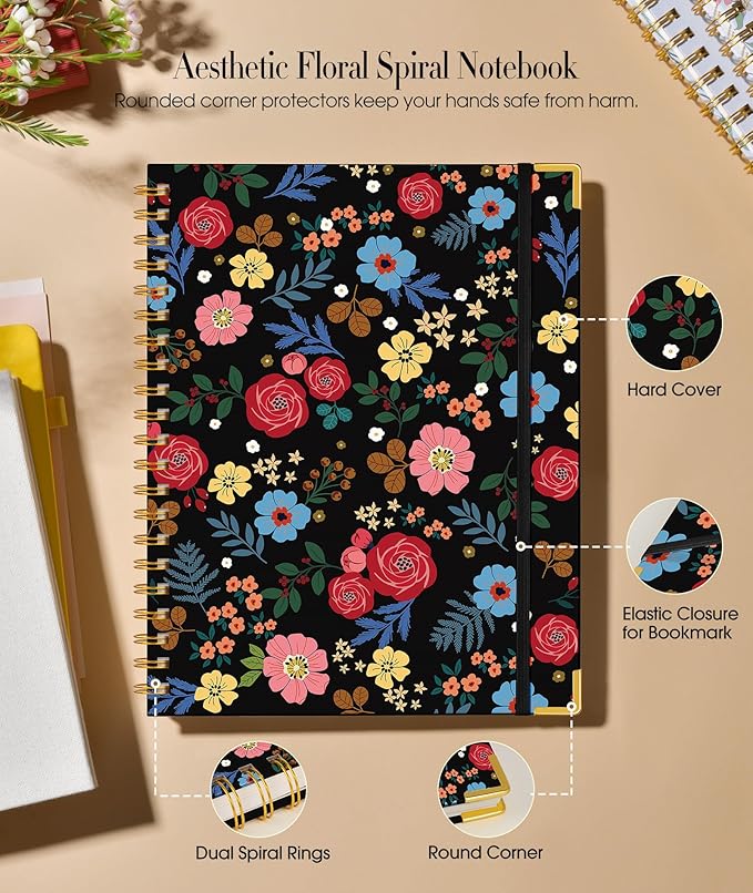 Cute Spiral Notebook Journal for Women, 160 Pages Lined Notebooks 5.75” x 8.38”, A5 Hardcover Spiral Journals with 100 GSM Thick Paper, College Ruled Notebook for Writing Work School, Rose Floral