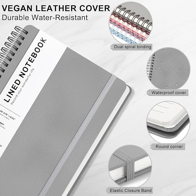 ABERLLS Gray Lined Spiral Journal Notebook with 160 Pages, 8×5.7in, A5 Spiral Notebook, Journaling Notebooks for Work, School, Women, Men, College Ruled Spiral Notebook, Hardcover Leather Journals