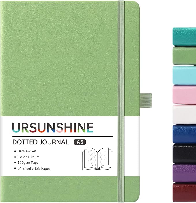 Dotted Journal/Notebook - Dot Grid Hard Cover Notebook, Premium Thick Paper with Fine Inner Pocket, Black Smooth Faux Leather, Pen Loop, 5.3'' x 8.26'' - Light Green