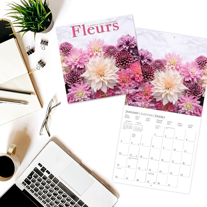 Graphique 2025 Fleurs Wall Calendar | 12” x 12” | Thick Paper | Home & Office Organizer | Large Monthly Grid | 3 Languages & Marked Holidays | 4 Month Preview Page for 2026