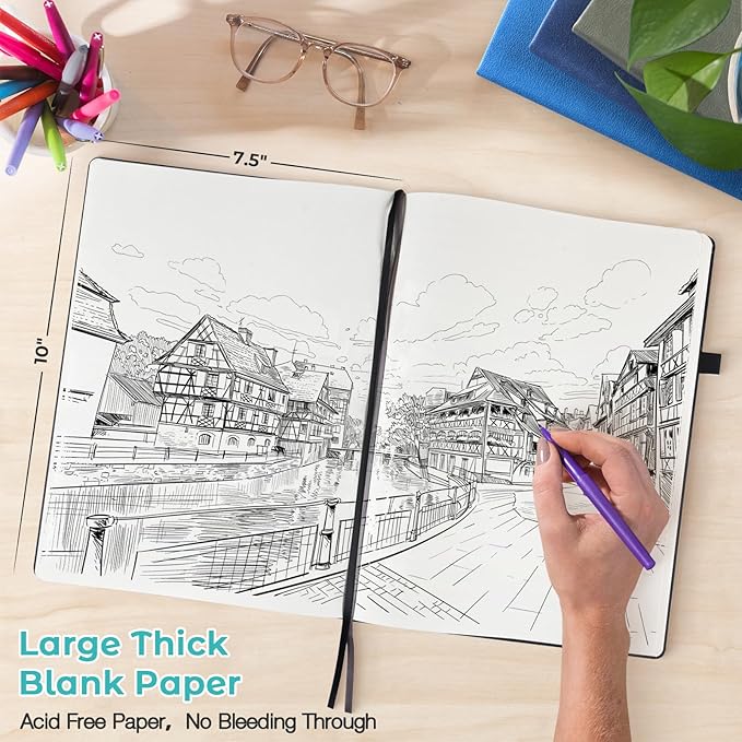 Blank Notebook, Hardcover Sketch Book, 8.5" x 11" Large Blank Journal, No Bleed Thick Paper Sketchbook for Drawing Art, Unlined Notebook Journal for Women Men, A4 Leather Sketchbook, Lay Flat, Teal