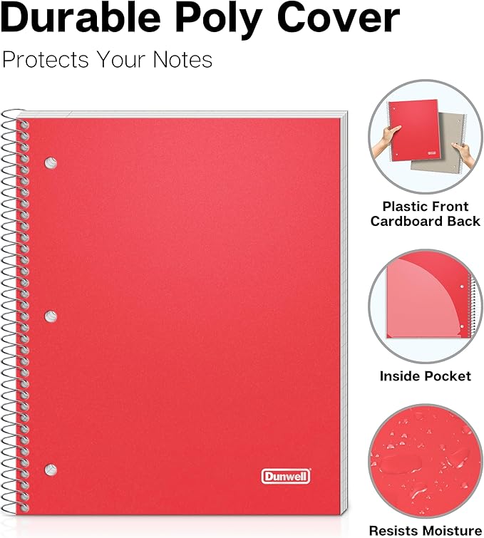 Dunwell 3 Subject Notebook College Ruled (Red), 150 Sheets (300 Pages), Spiral Notebook 8.5 x 11, Plastic Cover, 3 Pocket Divider Folders, 3-Hole Punched Perforated Paper