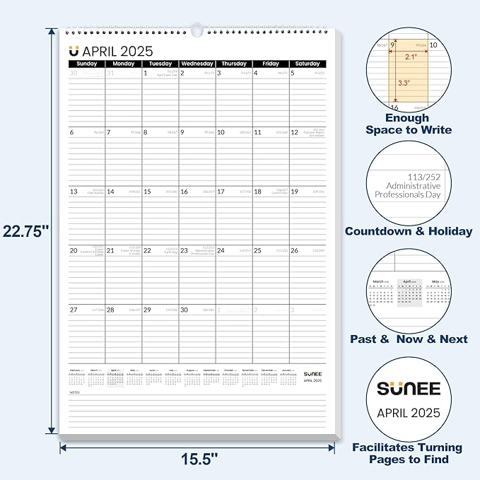 SUNEE 2025 Wall Calendar Large 22.75"x15.5" with Lines, 21 Month Calendar from Now to June 2026, Vertical Extra Large Monthly Calendar 2025 for Wall, Black