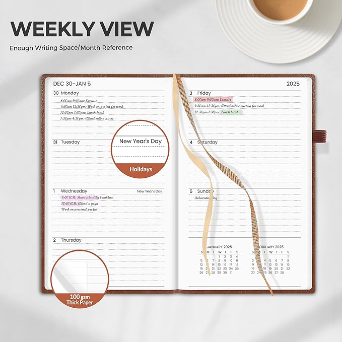 SUNEE 2025 Pocket Weekly Planner for Purse 3.5" x 6" - 12 Month (January 2025 - December 2025), Pocket Size Planner, Hardcover, Notes, Pocket, 100 GSM Paper, Brown