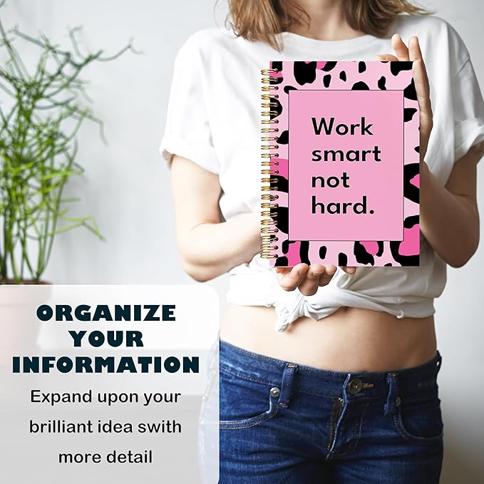 BearCake Hot Pink Leopard Preppy Notebook, Leopard Print Gifts for Women, Preppy Journal, Work Smart not Hard Hardcover Spiral Notebook 5.5x8.3, Leopard Print Office Supplies