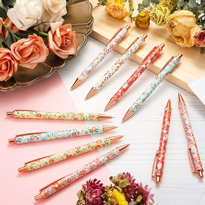 Glenmal 24 Pcs Flower Pens for Women Floral Ballpoints Pretty Fancy Pens Retro Floral Cute Ballpoints Black Ink Metal Retractable Writing Journaling Gifts for Office Supplies