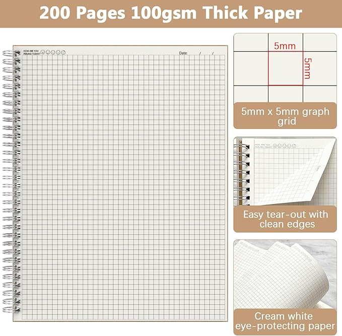 A4 Graph Paper Notebook, 2 Pack Large Spiral Grid Notebook, 200 Pages 100gsm Thick 5mm Square Paper Quad Notebook for Engineering, Math, Taking Notes, Drawing - Kraft Brown Cover, 8.5" x 11"
