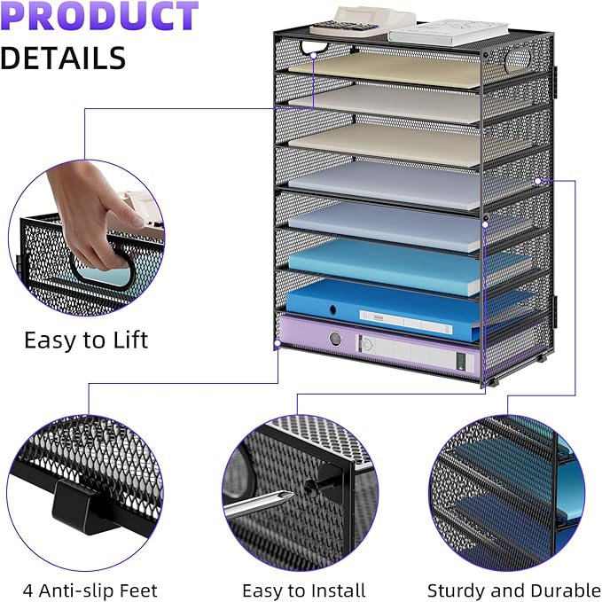 Marbrasse Paper Organizer Letter Tray, 9 Tier Mesh File Organizer with Handle, Paper Sorter Desk Organizer for Home Office Supplies - 2P