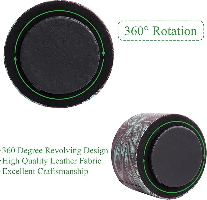 lizimandu Round Leather Art Supply Organizer,Remote Control Holder,360 Degree Rotating,Multi-Functional Pencil Holder,4 Compartments Desktop Stationary Organizer(1-Green Flower)