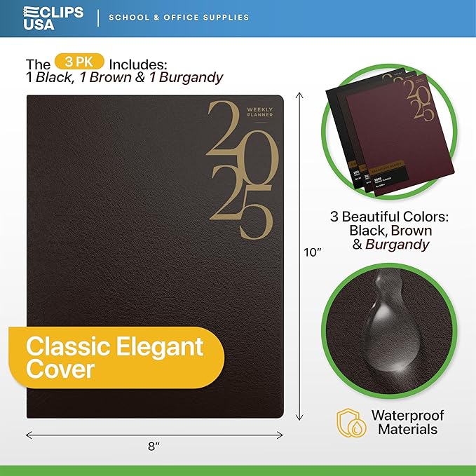 Weekly Planner 2025, Planner, 2025 Weekly Planner, 2025 Planner Weekly And Monthly, 8” x 10”, Weekly Pages, 1 Black 1 Brown 1 Burgundy, (3 Pack, 8 X 10)