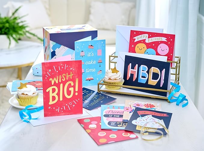 American Greetings 25-Count Birthday Card Assortment with Envelopes, Seals, and Storage Box (Wish Big)