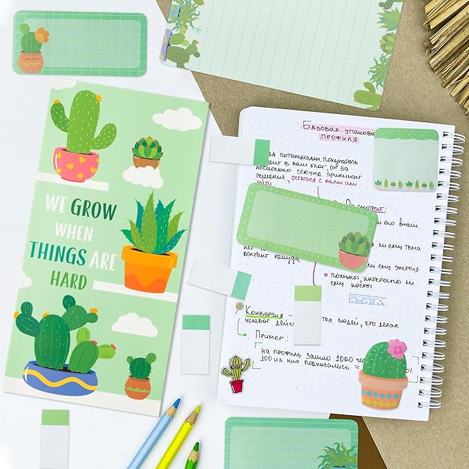 We Grow When Things are Hard Sticky Notes Set, 550 Sheets, Cute Cactus Shaped Self-Stick Notes Pads Plant Divider Tabs Bundle Writing Memo Pads Back to School Office Supplies Small Gift