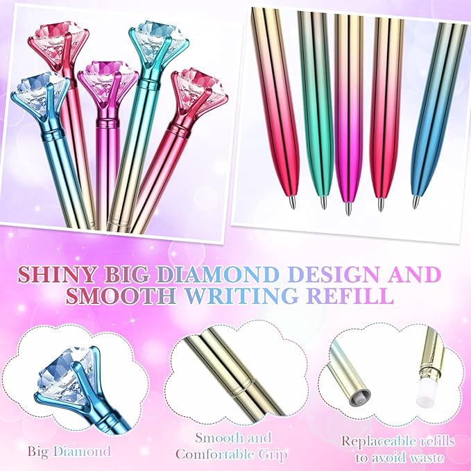 24 Pieces Big Crystal Diamond Pens Bling Ballpoint Pen Black Ink Rhinestones Pen for School Office Supplies Christmas Wedding Birthday Present, 4 Colors(Colorful Style)