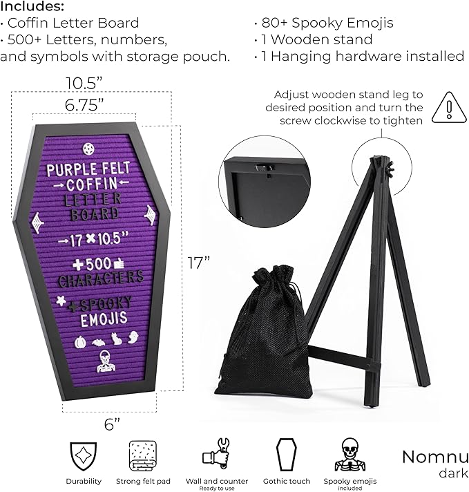 Coffin Letter Board Purple With Spooky Emojis +500 Characters, and Wooden Stand - 17x10.5 Inches - Gothic Halloween Decor Spooky Gifts Decorations