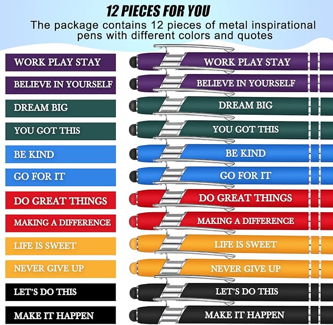 Zonon 12 Pieces Inspirational Pens Bulk Easter Basket Stuffers Motivational Quotes Ballpoint Pens with Stylus Tip Inspirational Gifts for School Office Teachers(Classic Colors,Graduation Style)