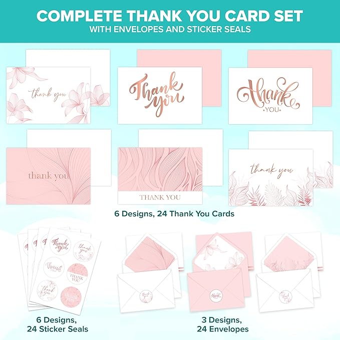 Decorably 24 Pack Gold-Foiled 6x4in Rose Gold Thank You Cards with Envelopes and Stickers, 6 Elegant Designs Pink Thank You Cards, Blank Inside - Bridal Shower, Baby Shower