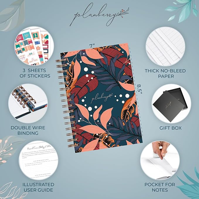 PLANBERRY Budget Planner & Monthly Bill Organizer with Pockets Premium – Home Finance & Bill Payment Organizer – Budgeting Book with Income & Expense Tracker - 7x8.5″ Hardcover (Tropical Night)
