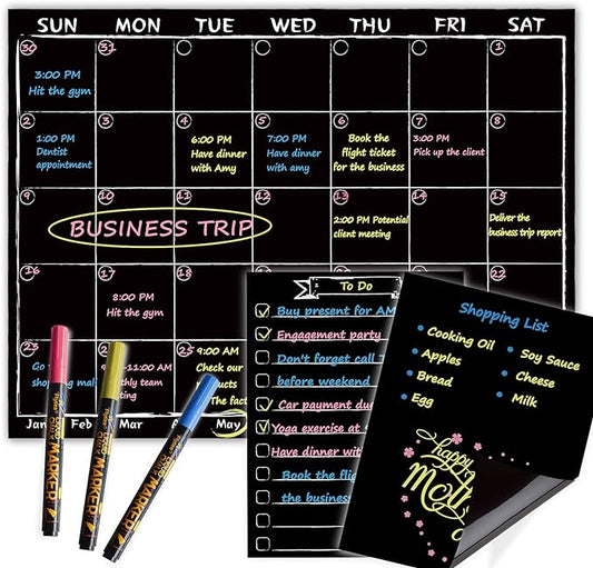 Magnetic Chalkboard Monthly Calendar with neon Bright Liquid Chalk Markers – Black Refrigerator Monthly Planning Board w/Bonus - Grocery List and Notepad for Kitchen Refrigerator