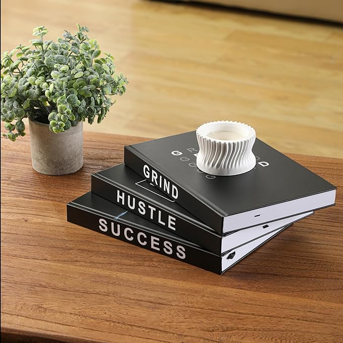 Hardcover Grind Hustle Success Book Decor for Men & Women, Decorative books for Home Decor, Office Decor for Men and Desk Decor for Men, Motivational gift with Black Cover and Blank Pages