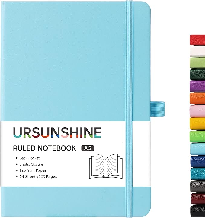 Ruled Notebook/Journal - Classic Lined Journal/Notebook, Hardcover with Thick Paper, 5.3" x 8.26", Banded + Pen Holder +Inner Pocket - Sky Blue