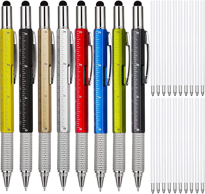 Zhanmai 8 Pcs Gift Pen for Men 6 in 1 Multitool Tool Pen with Refills Screwdriver, Ruler, Levelgauge,Fathers Christmas Graduation party Supplies(Gold, Black, Silver, Yellow, Red, Green, Blue, Gray)
