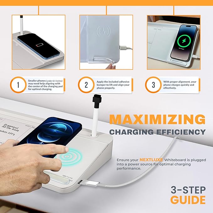 NEXTLUXE Glass Desk Whiteboard with Wireless Charger - Desktop Whiteboard with Storage, Weekly Planner, Dry Erase Pad, Organizer Drawer for Home, School, Office Gadgets – White