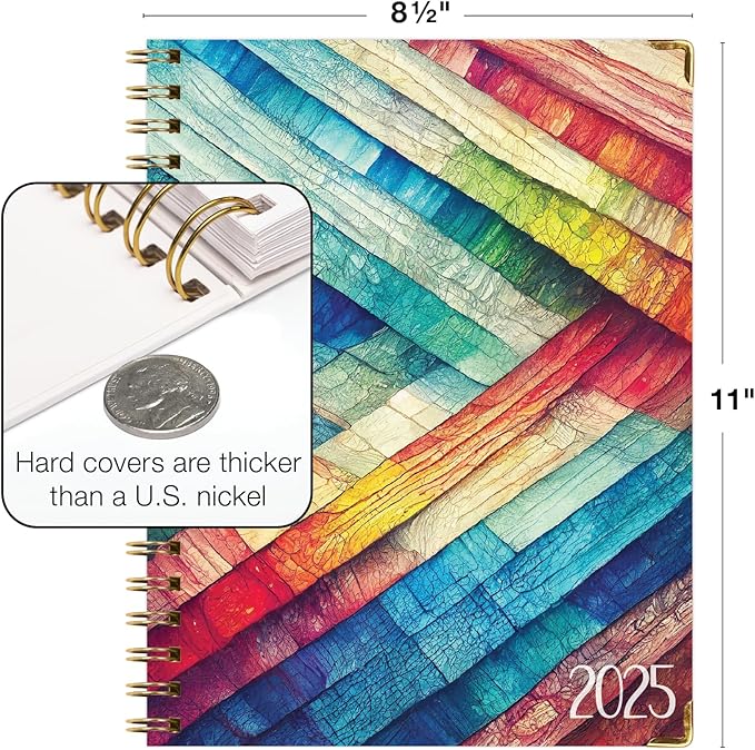 HARDCOVER 2025 Planner, 8.5"x11": 14 Months (November 2024 - December 2025), Daily Weekly Monthly Planner, Yearly Agenda, Bookmark, Pocket Folder and Sticky Note Set (Rainbow Oak)