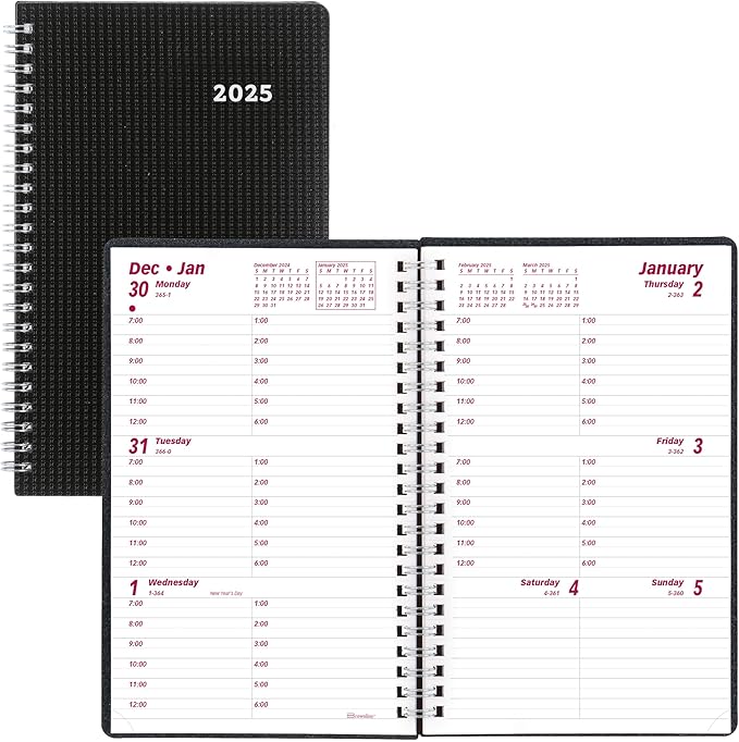 Brownline® 2025 DuraFlex Weekly Planner, Appointment Book, 12 Months, January to December, Twin-Wire Binding, 8" x 5", Black (CB75V.BLK-25)