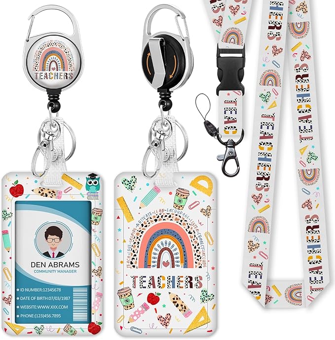 Teacher Lanyards for Id Badges, Rainbow Teachers Badge Holder with Retractable Reel Clip, Adjustable Breakaway Name Tag Lanyard Vertical ID Card Protector Case for Nurse Nursing Doctor Student