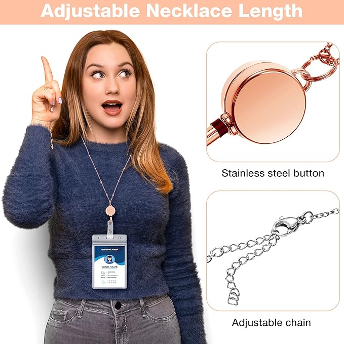 Outus 2 Pieces Badge Lanyard with ID Holders Stainless Steel Badge Holders Necklace Retractable Reel Clip Chain Water Resistant Name(Rose Gold, Black)
