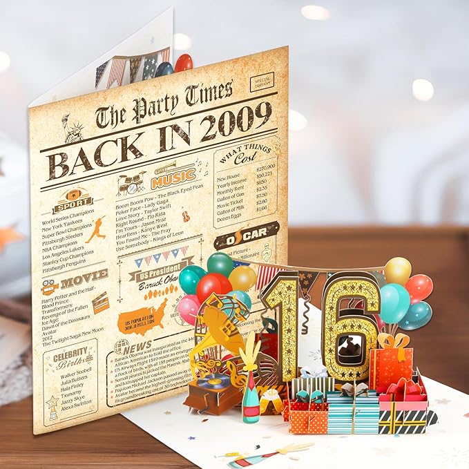 16th Birthday Card for Girls Boys, 3D Pop Up 16th Birthday Gifts Cards, Happy 16 Birthdays Decorations for 16 Year Old Son Daughter, Funny Back In 2009, Classy Vintage