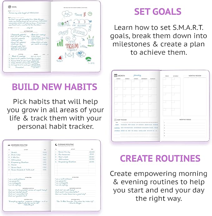 Pro - Goal Setting Planner to Increase Productivity and Achieve Personal and Business Goals. 12 Month Undated Daily, Weekly and Monthly Journal Organizer with Calendar (Lilac)