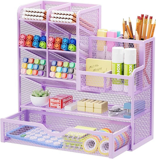 Marbrasse Mesh Pen Holder for Desk, Multi-Functional Pencil Organizer with Drawer, Desk Organizers and Accessories for Office Art Supplies (Purple)