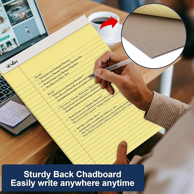 ViVin Legal Pads 8.5 x 11 Inch, Wide Ruled Note Pads, 6 Pack, 50 Sheet/Pad, Notepads for Office Home School, 300 Sheets, Perforated Writing Pads, Canary Yellow Paper